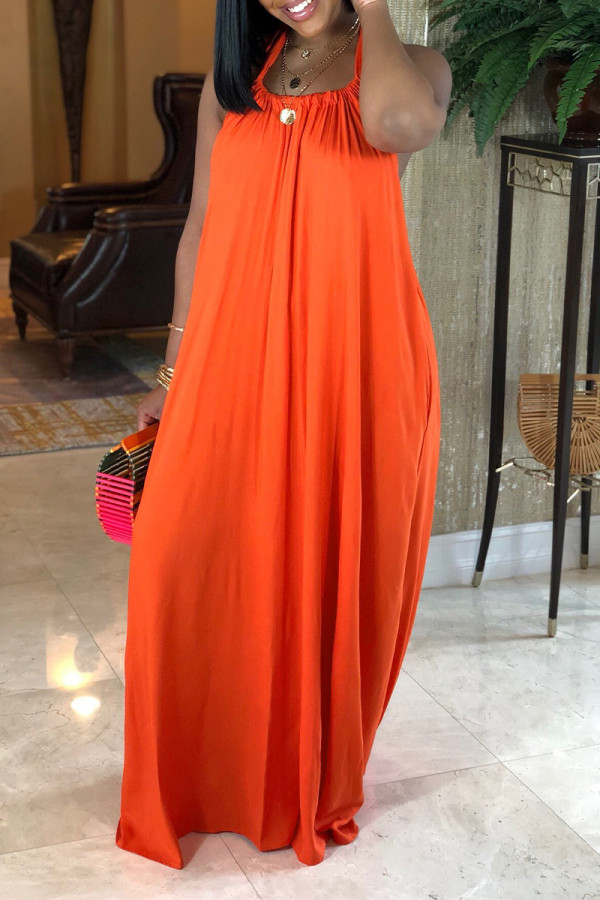 Orange Casual Daily Solid Color Draw String Lace Up Backless Halter Sleeveless Dresses
