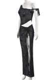 Black Sexy Print Patchwork Backless High Slit Strap Design Asymmetrical Collar Sleeveless Two Pieces