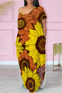 Yellow Casual Print Pocket Patchwork Slit V Neck Straight Dresses