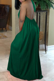 White Casual Daily Solid Color Draw String Lace Up Backless Halter Sleeveless Dresses