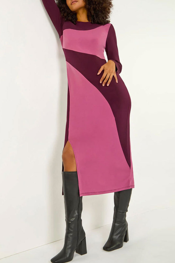 Pink Casual Patchwork Slit Contrast O Neck Long Sleeve Dresses