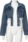 Blue Sexy Solid Color Pocket Buckle Patchwork Turndown Collar Long Sleeve Regular Denim Jacket