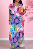 Red Casual Print Pocket Patchwork Slit O Neck Straight Dresses