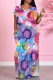 Purple Casual Print Pocket Patchwork Slit O Neck Straight Dresses