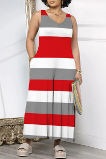 Red Casual Striped Print Pocket Contrast V Neck Loose Jumpsuits