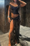 Black Sexy Print Patchwork Backless High Slit Strap Design Asymmetrical Collar Sleeveless Two Pieces