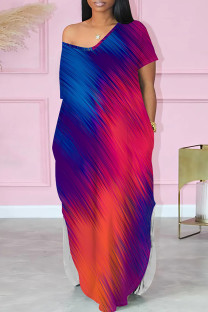 Blue Red Casual Print Pocket Patchwork Slit V Neck Straight Dresses