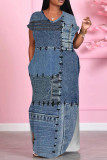 White Blue Casual Print Pocket Patchwork Slit V Neck Printed Dresses