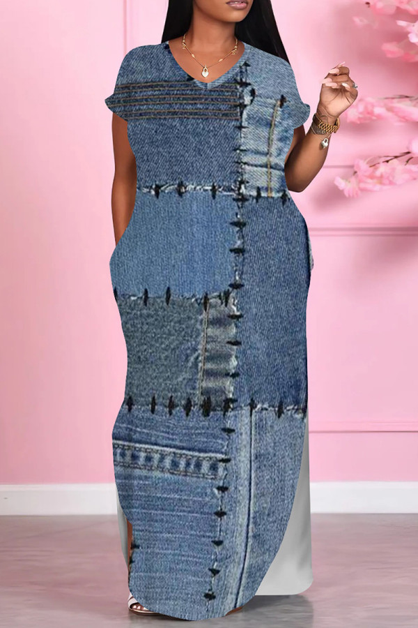 Dark Blue Casual Print Pocket Patchwork Slit V Neck Printed Dresses