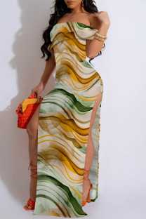Green Yellow Sexy Striped Print Animal Print Slit Contrast Off Shoulder Printed Dresses
