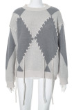 Grey Casual Patchwork Contrast O Neck Tops
