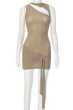 Gold Sexy Solid Color Hollow Out Patchwork Ruched O Neck Wrapped Skirt Dresses