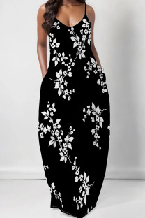 Black And White Sexy Gradient Color Pocket Patchwork Backless Spaghetti Strap Sling Dresses