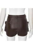 Brown Sexy Solid Color Pocket Buttons Patchwork Zipper Regular Mid Waist Patchwork Bottoms