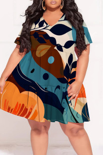 Deep Blue Casual Floral Print Contrast V Neck Printed Plus Size Dresses
