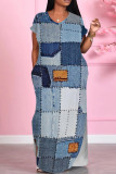 White Blue Casual Print Pocket Patchwork Slit V Neck Printed Dresses