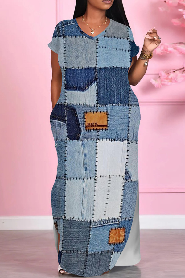Blue Brown Casual Print Pocket Patchwork Slit V Neck Printed Dresses