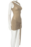 Gold Sexy Solid Color Hollow Out Patchwork Ruched O Neck Wrapped Skirt Dresses