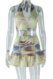 Yellow Sexy Print Patchwork Backless Ruched Deep V Neck Sleeveless Two Pieces