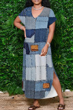 White Blue Casual Print Pocket Patchwork Slit V Neck Printed Dresses