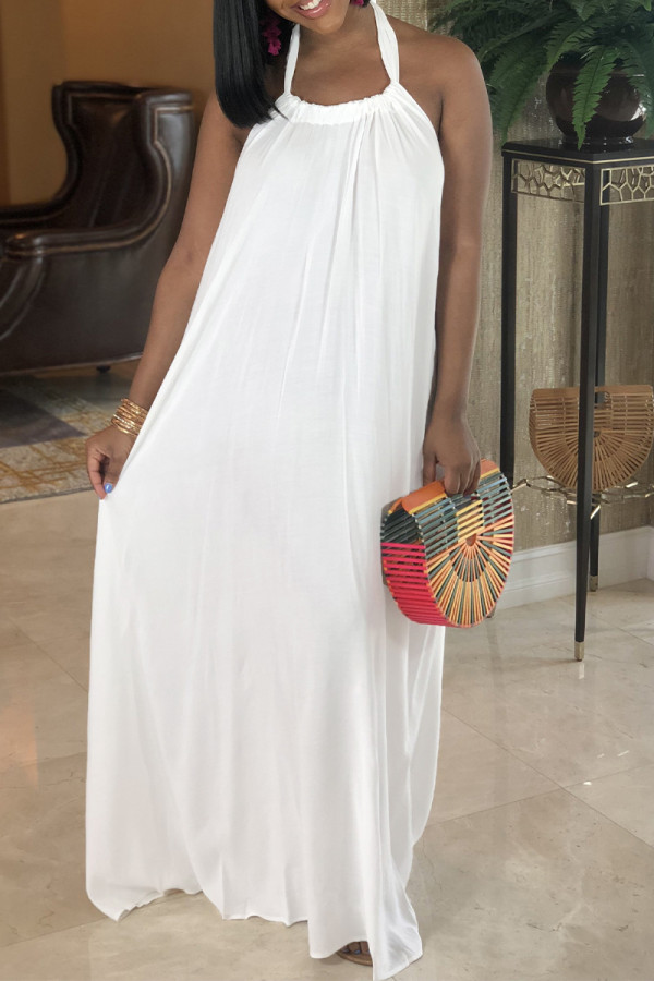 White Casual Daily Solid Color Draw String Lace Up Backless Halter Sleeveless Dresses
