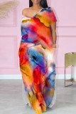 Red Casual Print Pocket Patchwork Slit O Neck Straight Dresses