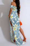 Yellow Sexy Floral Print Slit Contrast Off Shoulder Printed Dresses