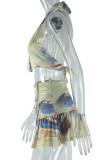 Yellow Sexy Print Patchwork Backless Ruched Deep V Neck Sleeveless Two Pieces