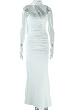 Black Elegant Solid Color Patchwork Backless Slit Asymmetrical Collar Long Dresses
