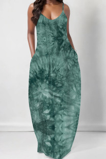 Green Sexy Gradient Color Pocket Patchwork Backless Spaghetti Strap Sling Dresses