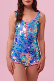Pink Sexy Sequins Buttons Patchwork V Neck Skinny Bodysuits