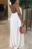 White Casual Daily Solid Color Draw String Lace Up Backless Halter Sleeveless Dresses