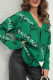 Green Casual Letters Buckle Patchwork V Neck Tops