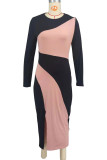 Pink Casual Patchwork Slit Contrast O Neck Long Sleeve Dresses
