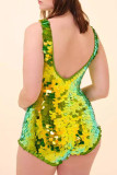 Pink Sexy Sequins Buttons Patchwork V Neck Skinny Bodysuits