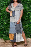 White Blue Casual Print Pocket Patchwork Slit V Neck Printed Dresses