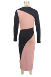 Pink Casual Patchwork Slit Contrast O Neck Long Sleeve Dresses
