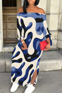 Blue White Sexy Geometric Print Slit Contrast Off Shoulder Printed Dresses