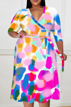Multicolor Casual Print Patchwork Strap Design V Neck Printed Plus Size Dresses