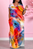 Red Casual Print Pocket Patchwork Slit O Neck Straight Dresses