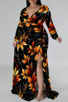 Orange Black Casual Floral Print Lace Up Slit V Neck Printed Plus Size Dresses