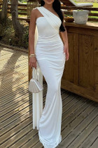 White Elegant Solid Color Patchwork Backless Slit Asymmetrical Collar Long Dresses