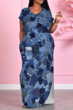 White Blue Casual Print Pocket Patchwork Slit V Neck Printed Dresses