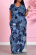The cowboy blue Casual Print Pocket Patchwork Slit V Neck Printed Dresses