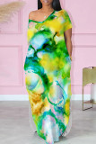 Red Casual Print Pocket Patchwork Slit O Neck Straight Dresses