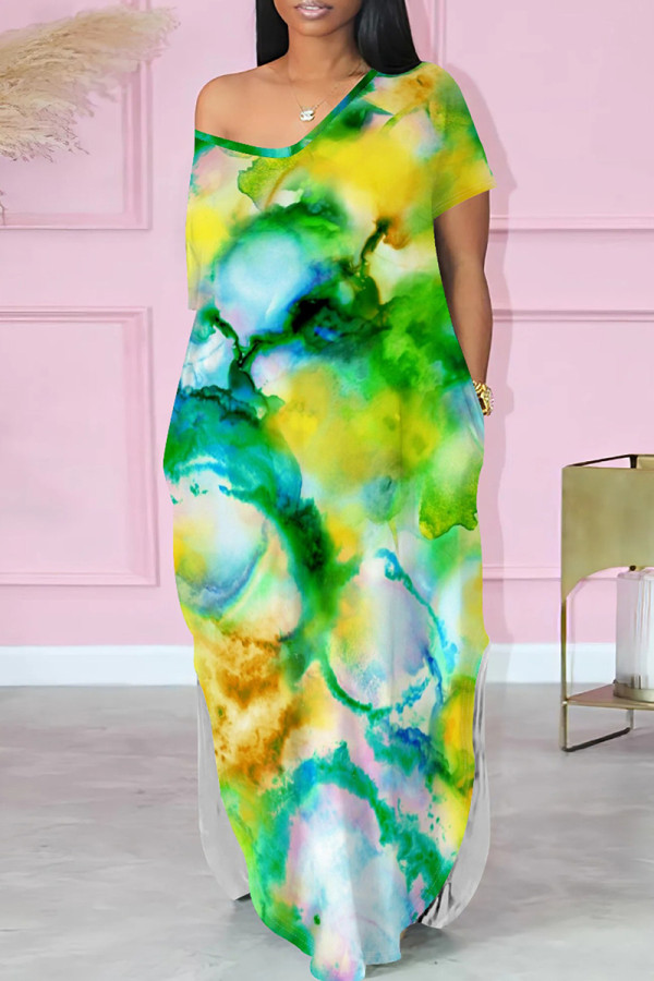 Cyan Green Casual Print Pocket Patchwork Slit O Neck Straight Dresses