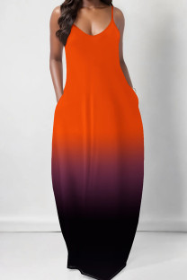 Orange Black Sexy Gradient Color Pocket Patchwork Backless Spaghetti Strap Sling Dresses