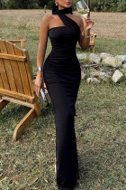 Black Elegant Solid Color Patchwork Backless Slit Asymmetrical Collar Long Dresses