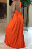 White Casual Daily Solid Color Draw String Lace Up Backless Halter Sleeveless Dresses