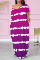 Purple Casual Striped Print Pocket Contrast V Neck Printed Dresses